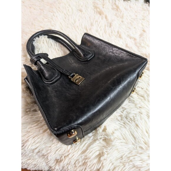 Black Faux Leather Mini Handbag With Gold Hardware & Double Handles - Picture 4 of 14